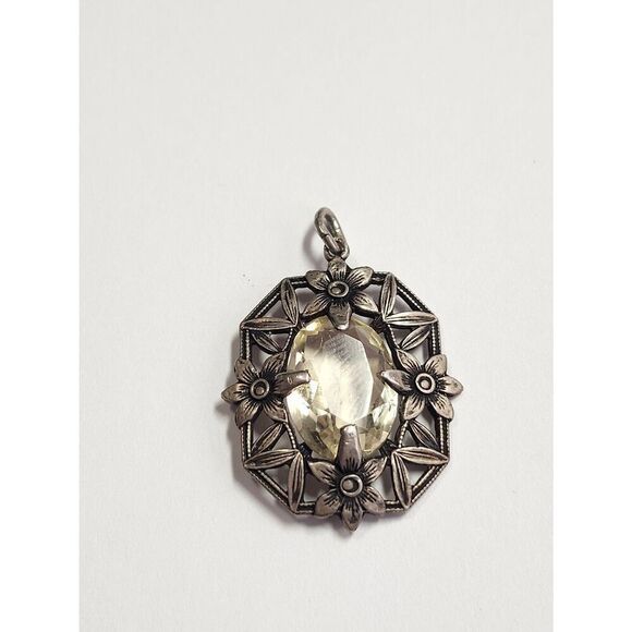 No Brand Jewelry - Sterling Silver Vintage Floral Frame Pendant with Citrine Gemstone